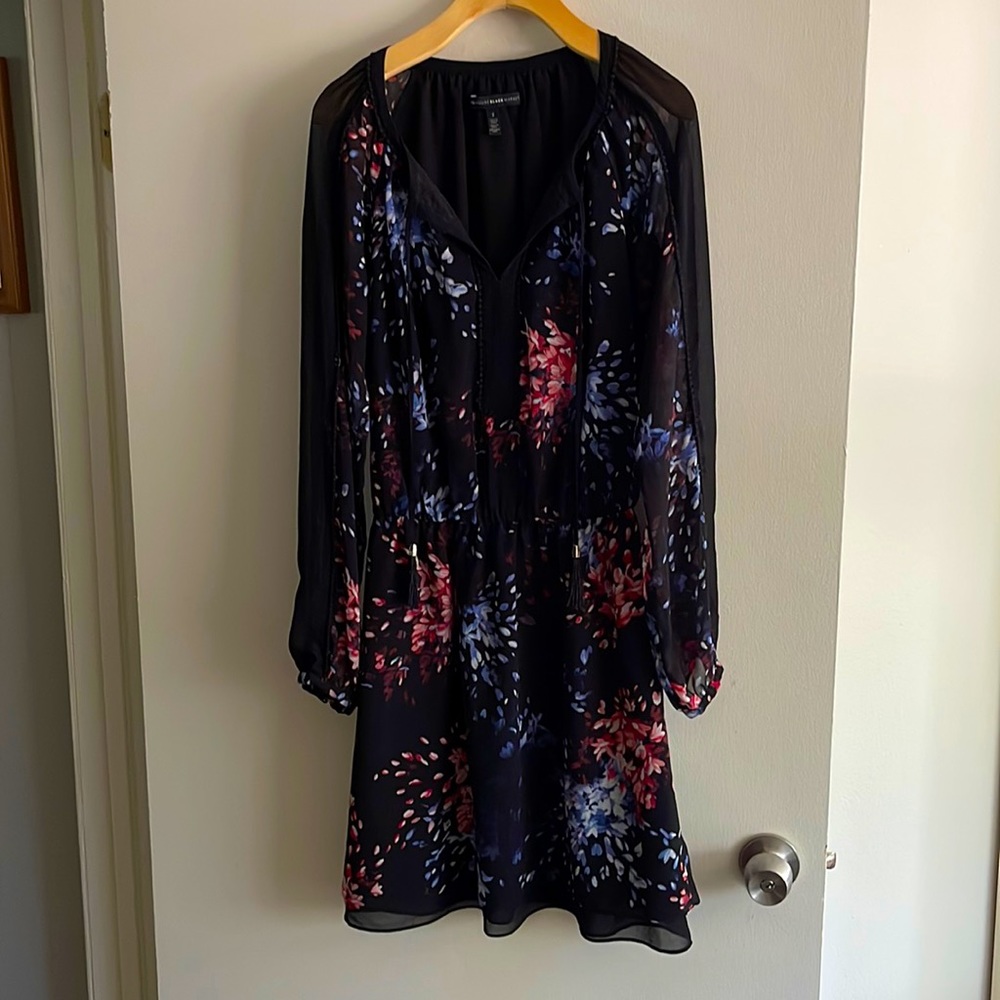 Beautiful long sleeved dress black with water color flowers EUC